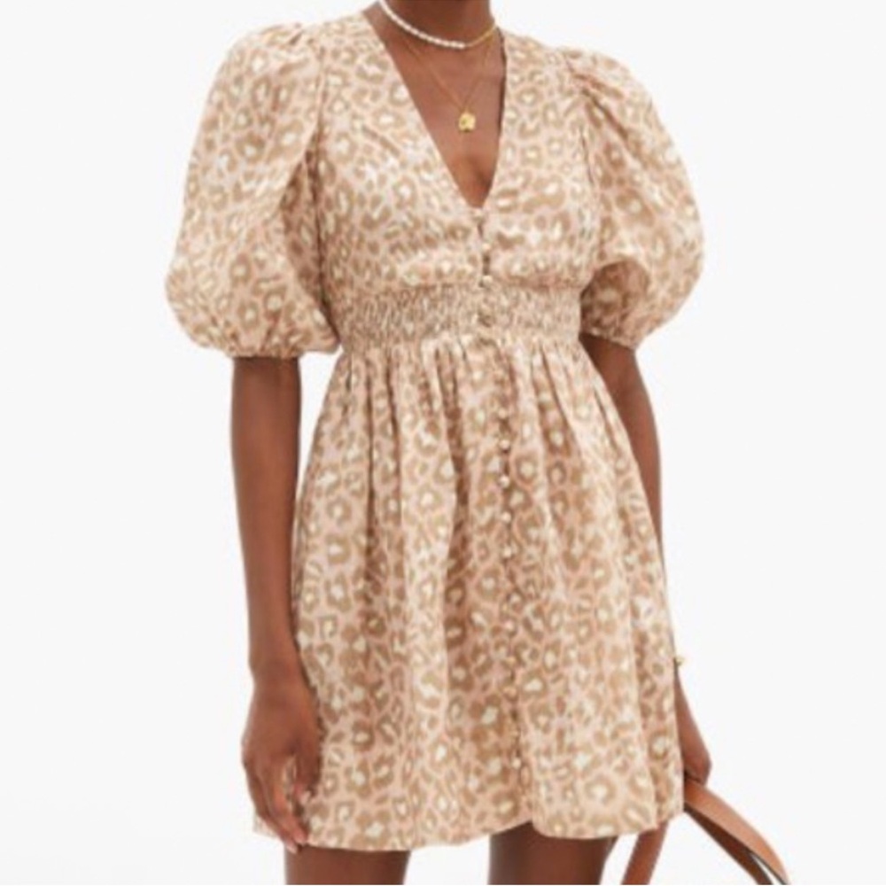 L'Agence Carnaby Shirred Linen Leopard Print Mini Dress